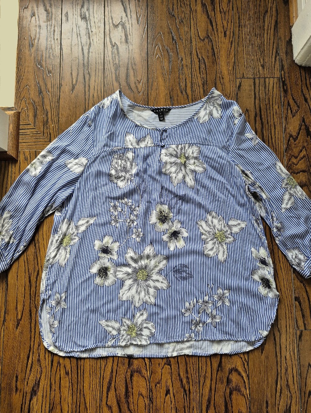 Tribal XL Shirt Blouse - Floral Stripe Design - White Blue Yellow